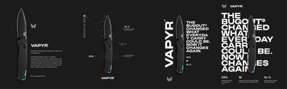 Sleek black Bugout Vapyr knife with blue accents, shown in multiple views on a dark background.