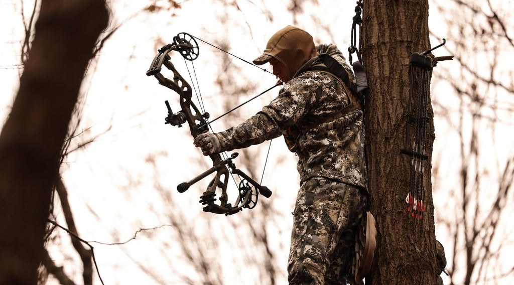 Chase Reatherford in a tree stand at dawn, bow in hand, overlooking an Illinois forest during whitetail hunting season