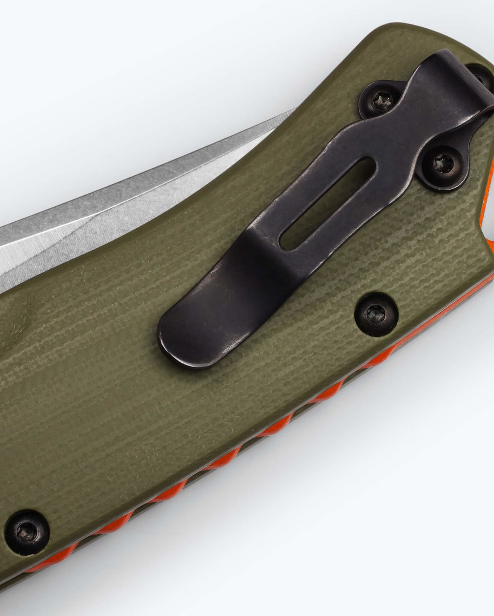 Benchmade Taggedout Pocket Clip Detail - OD Green G10 Handle Close Up | Benchmade Knife Co.