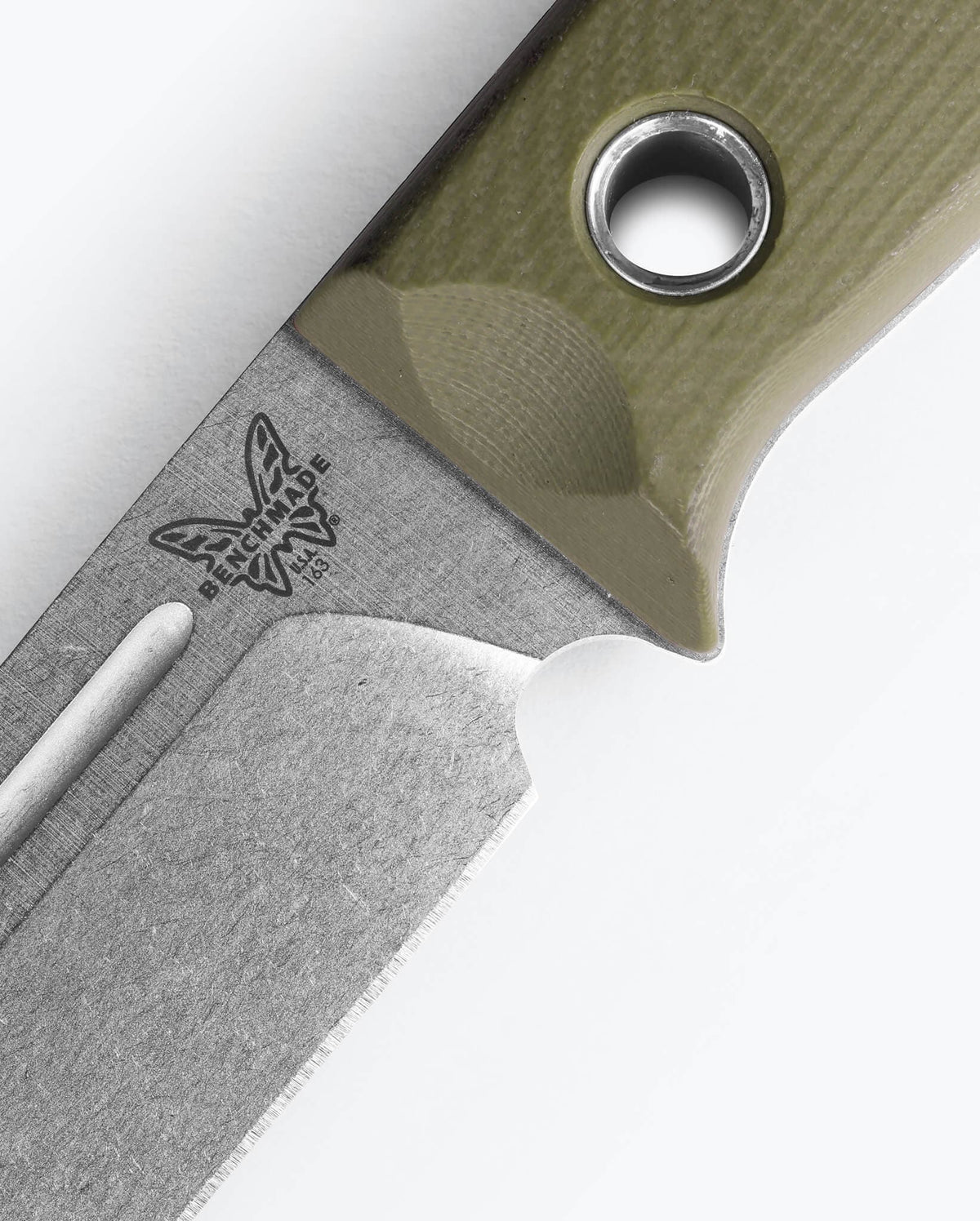 Bushcrafter OD Green G10 Handle Detail - Close-up Logo & Grommets | Benchmade Knife Co.