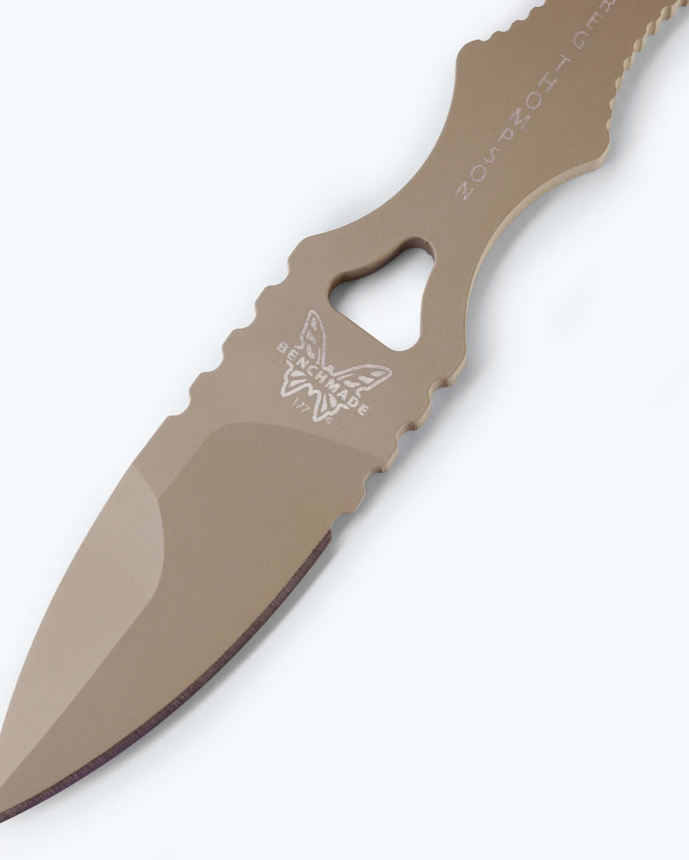 Sand Mini SOCP® Dagger - Close-Up Handle Detail & Branding | Benchmade Knife Co.