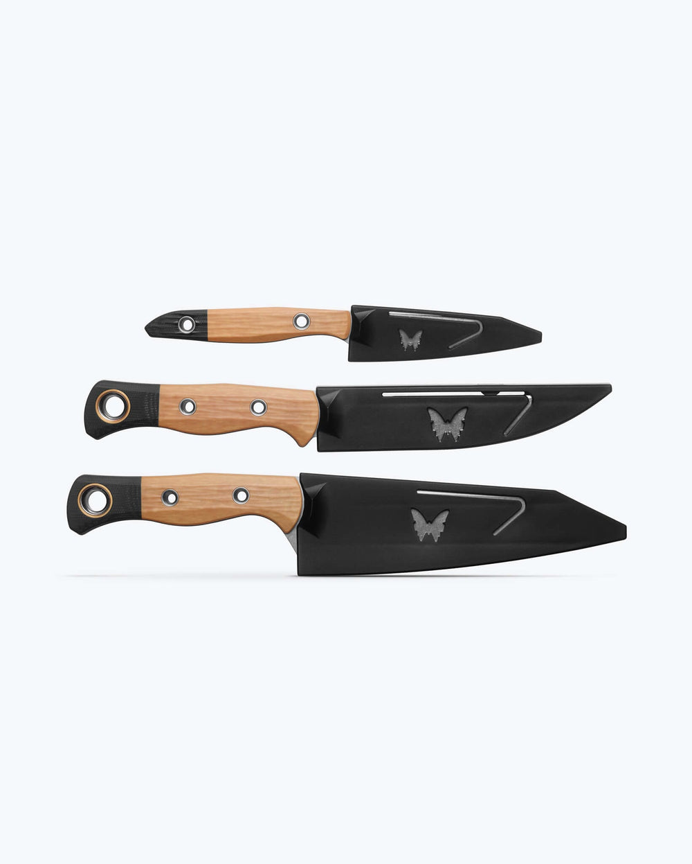 3 Piece Set Maple Valley Richlite - Back View with Protective Sheaths | Benchmade Knife Co.