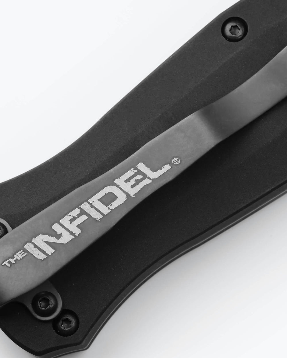 Black Aluminum Infidel® Handle Detail - Logo Close-Up | Benchmade Knife Co.