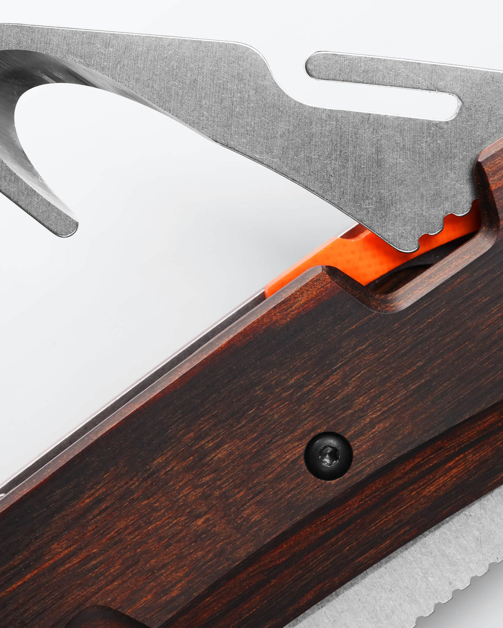 Grizzly Creek Stabilized Wood Drop-point - Close-up Gut Hook Detail | Benchmade Knife Co.