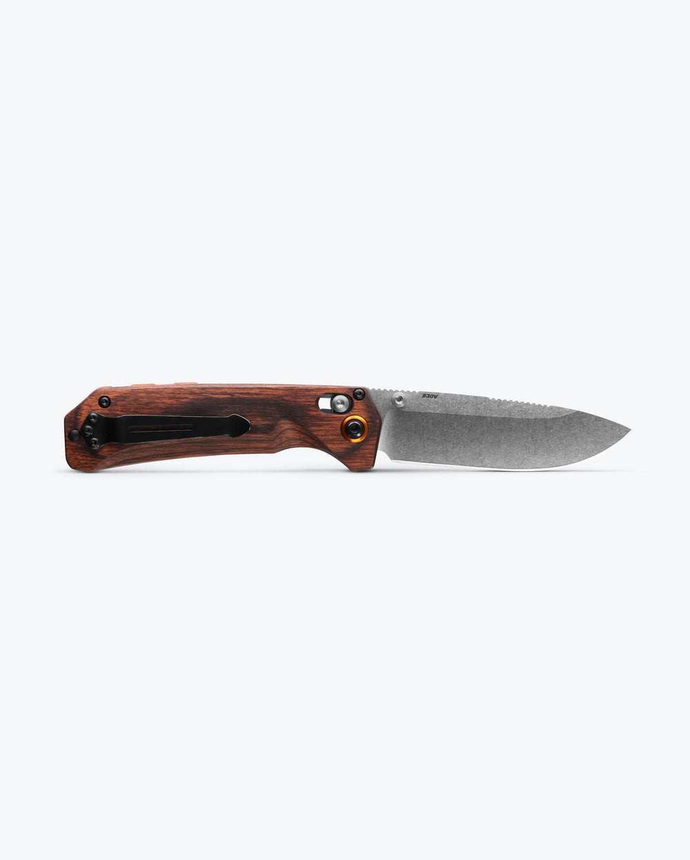 Grizzly Creek Stabilized Wood Drop-point - Back View Open with Gut Hook | Benchmade Knife Co.