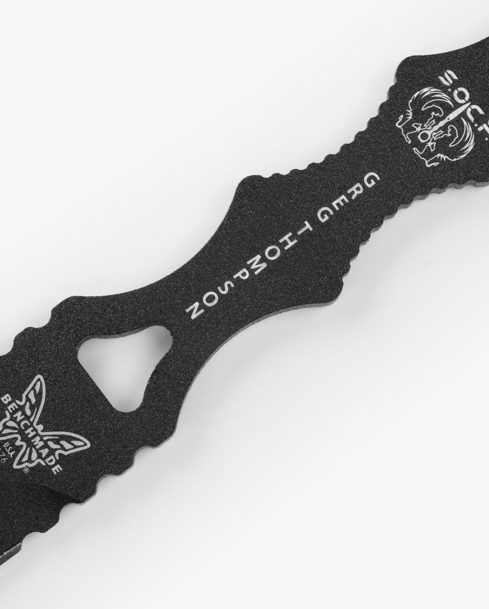Black SOCP® Dagger close-up view showing tactical engravings - Benchmade Knife Co.